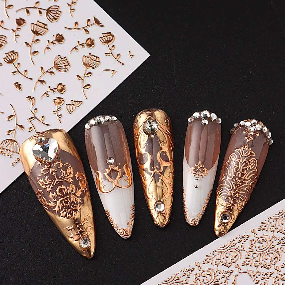 26 قطعة زهرة ذهبية وردية عتيقة ثلاثية الأبعاد مسمار الفن ملصقات مجموعة جوفاء الدانتيل Foral الكرمة تصميم ذاتية اللصق المنزلق مسمار الفن الديكور