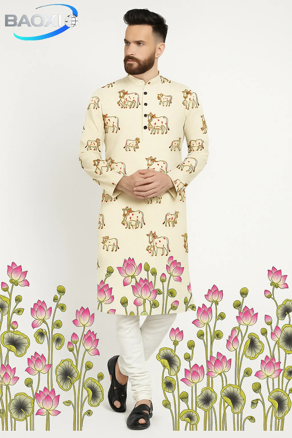 Kurt men digital printed kurta vardha regular fit Mandarin collar long suitable All Occasions such wedding Hari Raya Aidilfitri