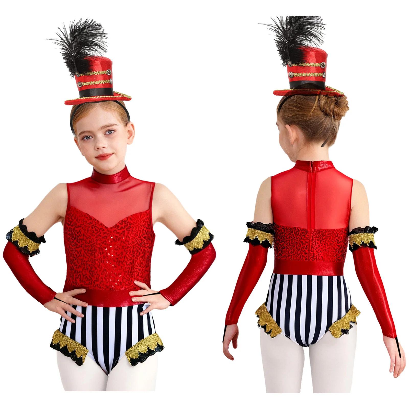 أطفال بنات أكمام الترتر ملابس رقص الجمباز مع الأكمام الطويلة هالوين كرنفال حفلة السيرك Ringmaster الساحر تأثيري حلي