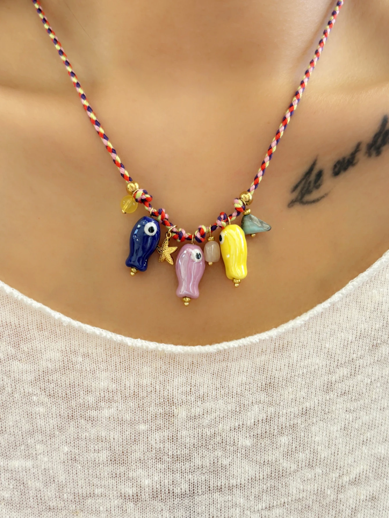 Charm Ceramic Cartoon Fish Pendant Irregular Gravel Colorful Braided Rope Adjustable Women's Necklace Party Jewelry