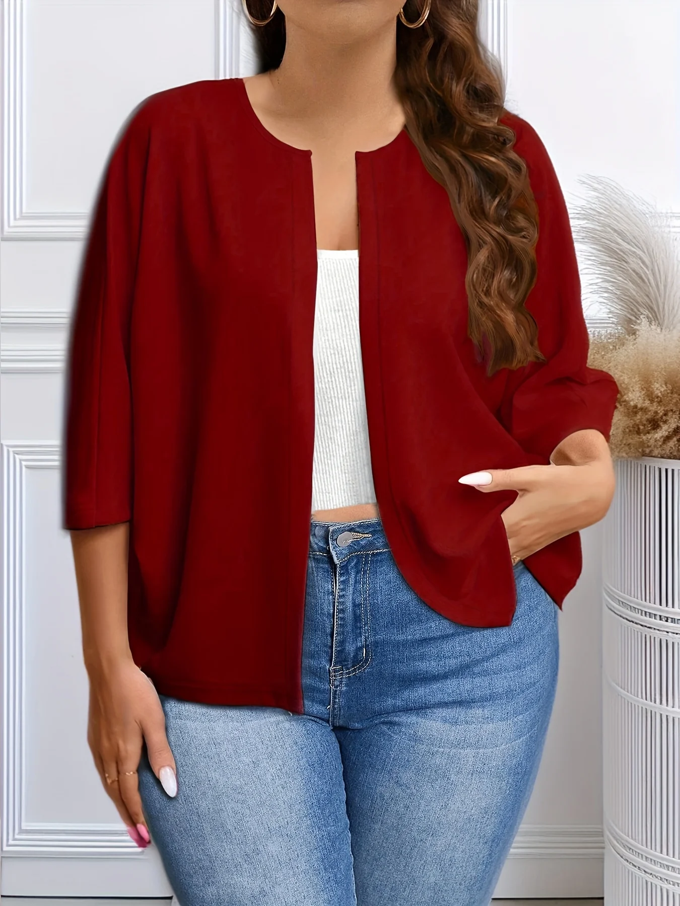 Damen-Cardigan in Übergröße, vorne offen, leicht, 3/4-Ärmel, lässig, lockere Passform, Strickwaren für den Alltag