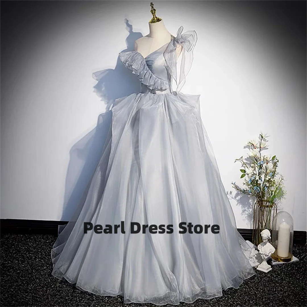 Elegant Grey Dress Italian A-line One Shoulder Sleeve Formal Wedding Party Prom Evening Dress Formal Occasion Evening Party