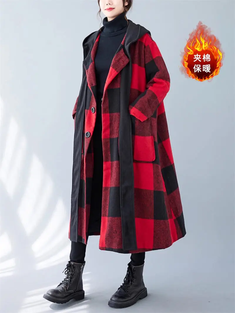 Large Size Plaid Long Woolen Coat Womens 2023 Oversized Stylish Cotton Quilted Warm Hooded Jacket Winter Windbreaker Z3059