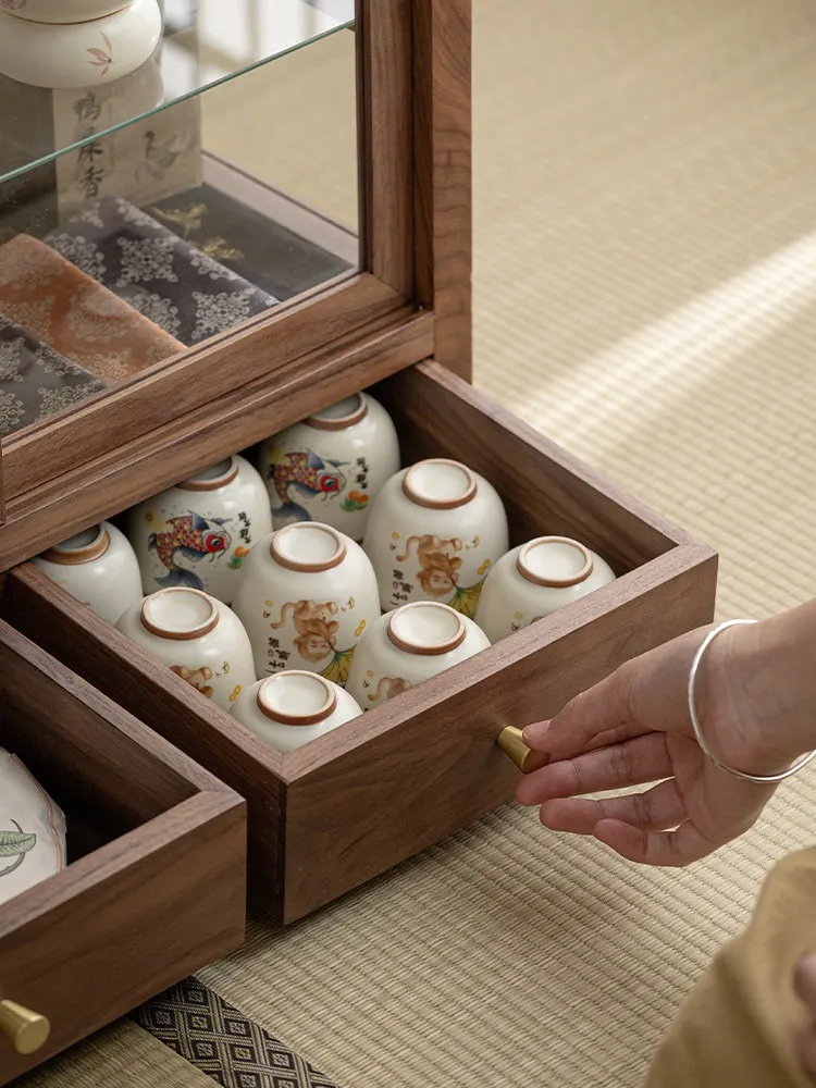 Black walnut desktop storage cabinet can be stacked tea set rack