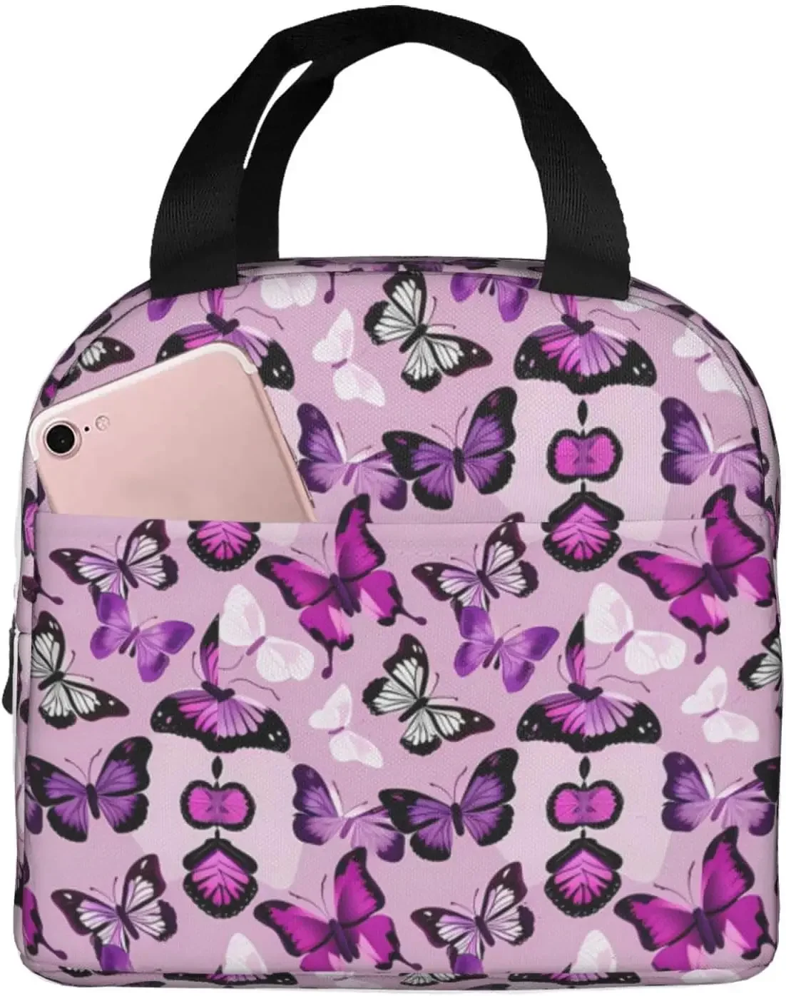 Beautiful Insect Purple Butterfly Insulated Lunch Bag Thermal Freezable lunch Tote Waterproof Bento Lu nch Box Women Men Lunc h