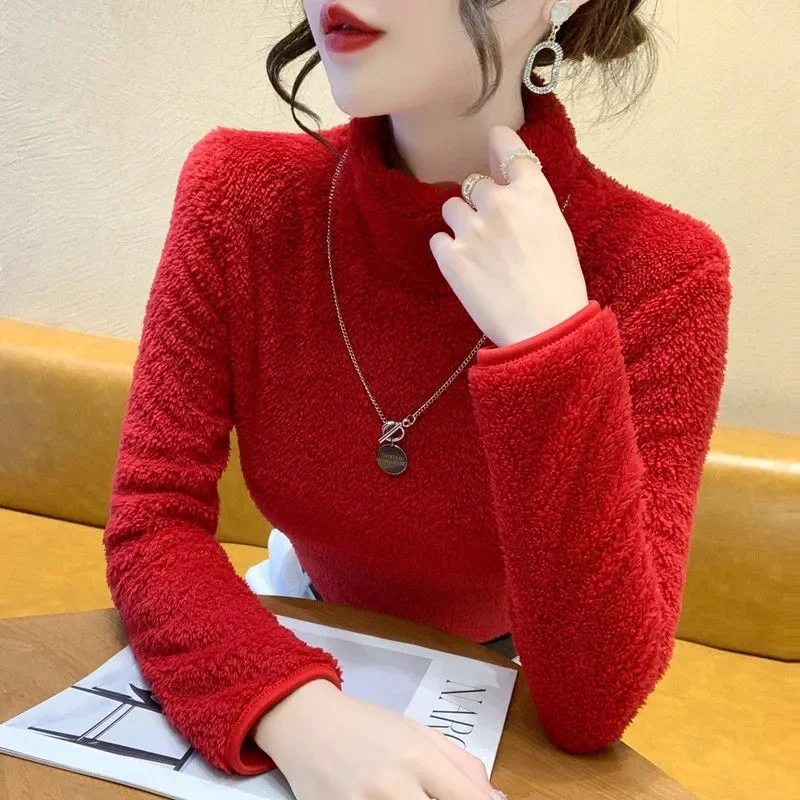 Feminine Half High Collar Tshirt Coat Autumn Winter Ladies Double Sided Coral Fleece T-shirt Retro Women Long Sleeves Shirt Tops