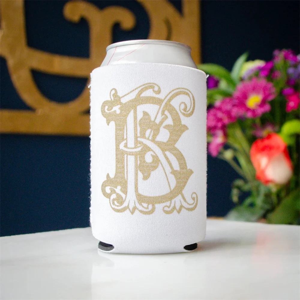 

Gold and White Wedding Monogram Can Coolers, Wedding Reception Favors, Elegant Wedding Favors, Custom Beer Can Huggers, Drink In