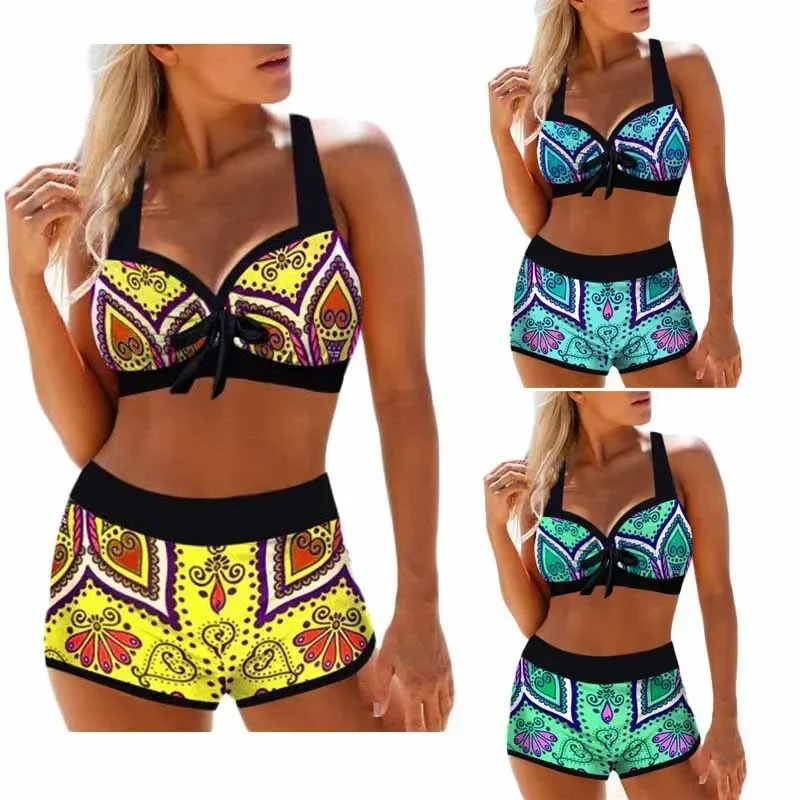 

Summer Vintage Flower Prints Bikini Women Swimsuit Two Piece Set Swimwear High Waist Bathing Suit Ladies Loose Size Bikini Set