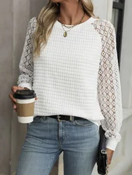 Round collar grid knitted jacquard hollow long-sleeved women's casual shirt spring and autumn simple white women's lace round co