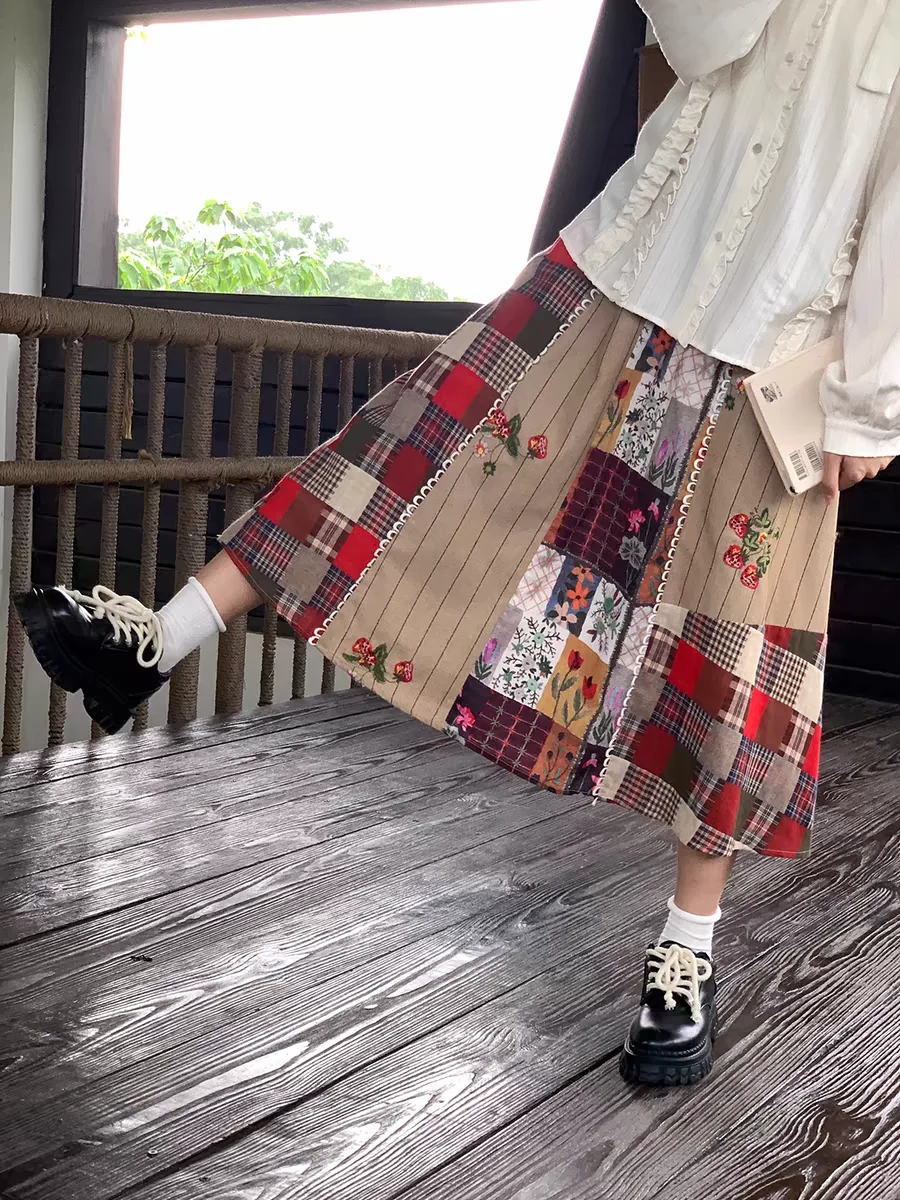 Women's Patchwork Striped Grid Long Skirt Y2K Japanese Harajuku High Street High Waist College Retro Scottish Skirt Clothing New