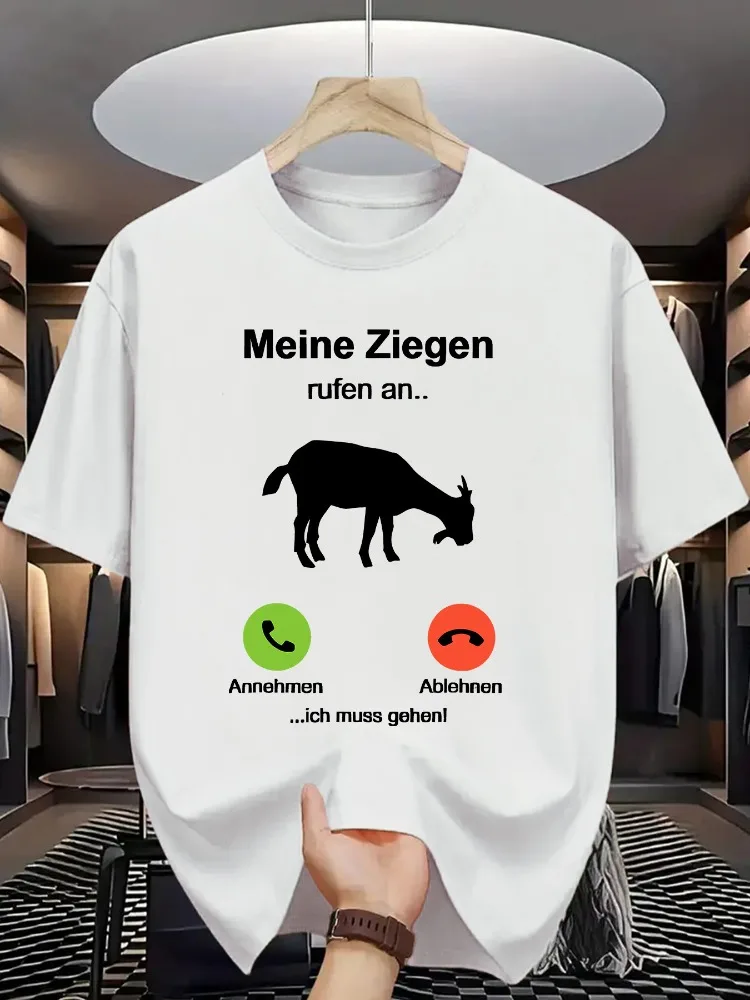 Mens Beige Soft Tee German Goat Incoming Call Funny Silhouette Graphic Crew Neck Short Sleeve Loose Male Casual Street Daily Top