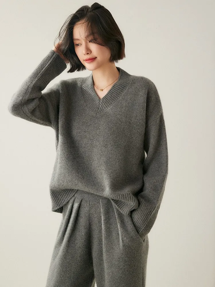 

2024 Women's 100% Cashmere Pullover V-Neck Long Sleeve Sweater Autumn Winter Thick Casual Loose Cashmere Knit Fashion Clothes