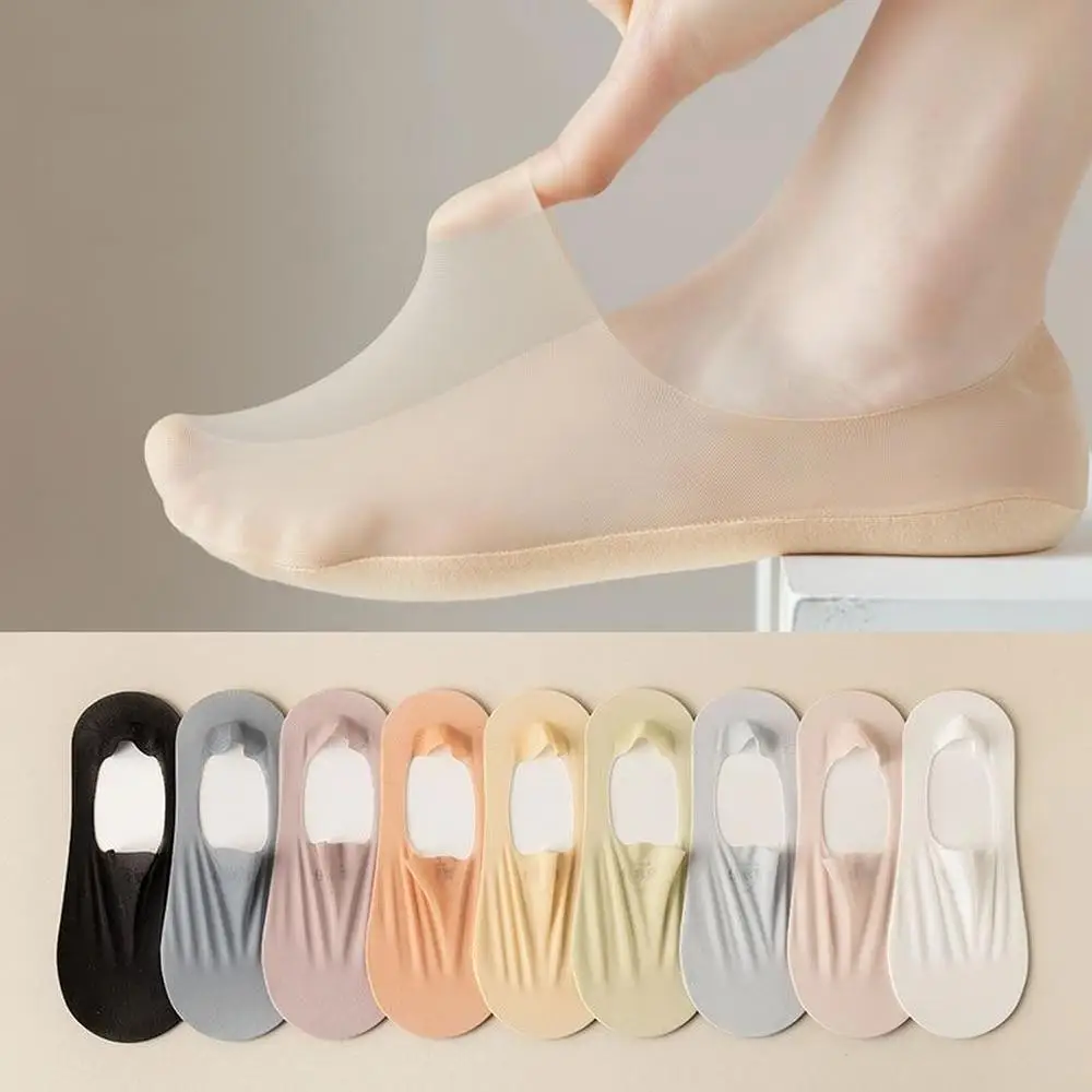 Summer Ultra-thin Breathable Sock Slippers Solid Color Ice Silk Low Cut Boat Socks Silicone Anti-slip Invisible No Show Socks