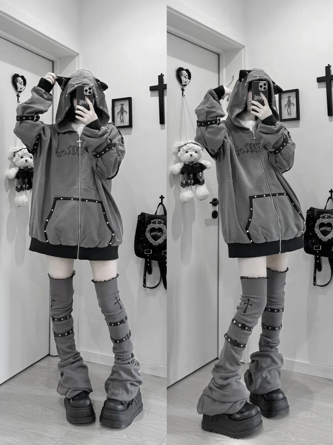 Streetwear Harajuku Hoodies Jackets Women's Clothing Hooded Punk Zipper Coat Japanese Rivet Print Vintage Casual Y2k Sweatshirts