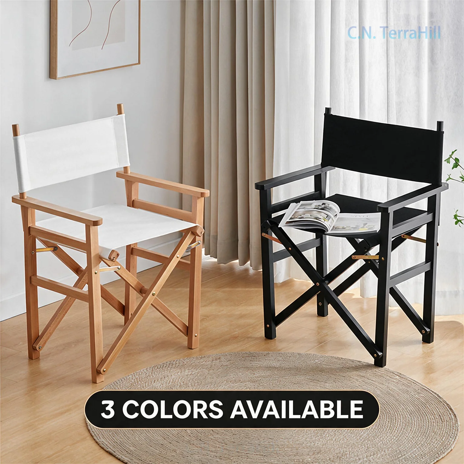 Outdoor Director Folding Chair Solid Wood Canvas Breathable Portable Fishing Stool Camping Reclining Chair with Cup Holder