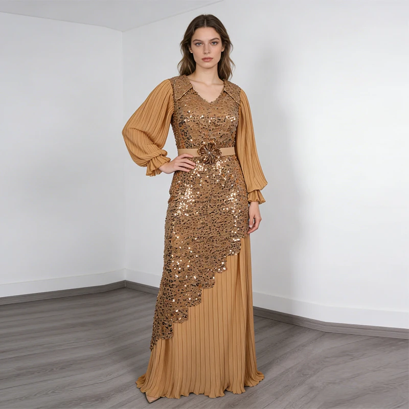 Women Plus Size 3XL Dresses Lantern Sleeve V Neck Sequined Pleated Elegant Cocktail Prom Evening Party Dress