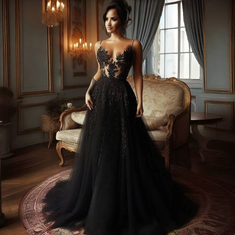 Gothic Black Prom Dress Spaghetti Straps A-Line Long Tulle Evening Gown Lace Appliques Illusion Bodice Customized Reception Wear
