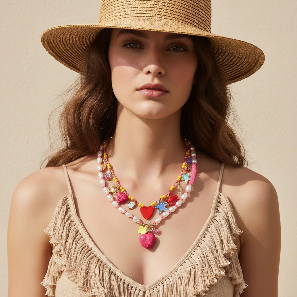 Bohemian vacation style handmade beads stacked with love starfish crab necklace marine element collarbone chain