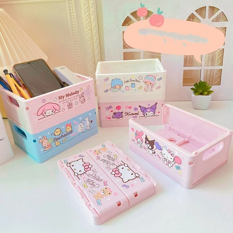 Sanrio Desk Organizer Hello Kitty Basket Chibawa Storage Box Foldable Stackable Cosmetic Organizer Girl\'s Desktop Storage Box
