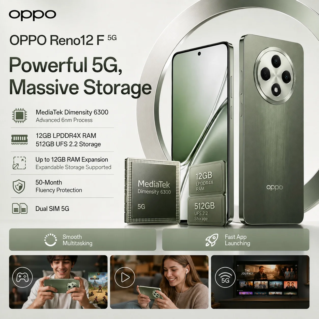 OPPO Reno12 F 5G Phone 12GB+512GB, Dimensity 6300, 120Hz OLED Screen, 50MP AI Triple Camera, 5000mAh, 45W SUPERVOOC, NFC view 3