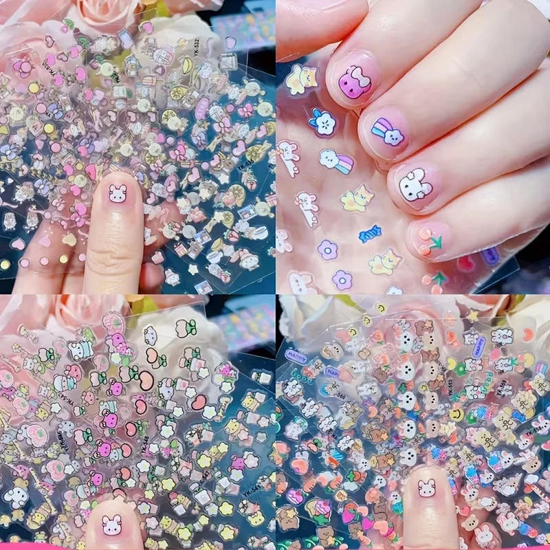 10 sets of randomly mixed cute cartoon nail sticker packs - shiny rabbits, etc., self-adhesive stickers for ladies