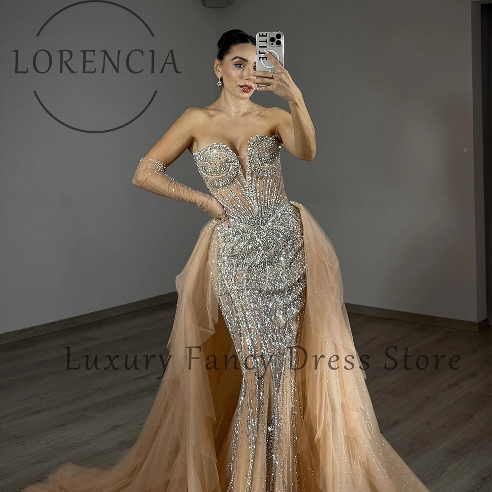 Luxuriöse glänzende Diamant-Abschlussballkleider für Frauen 2022, V-Ausschnitt, Meerjungfrau-Abend-Partykleid, maßgeschneidert, abnehmbarer Zug, Robe d' Byd Femme