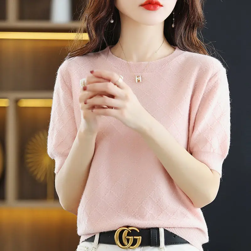 Women's Korean Fashion Simple Sweet Short Sleeve Soft Elegant Knitwear Summer Female Casual Solid Round Neck Slim Pullover Tops