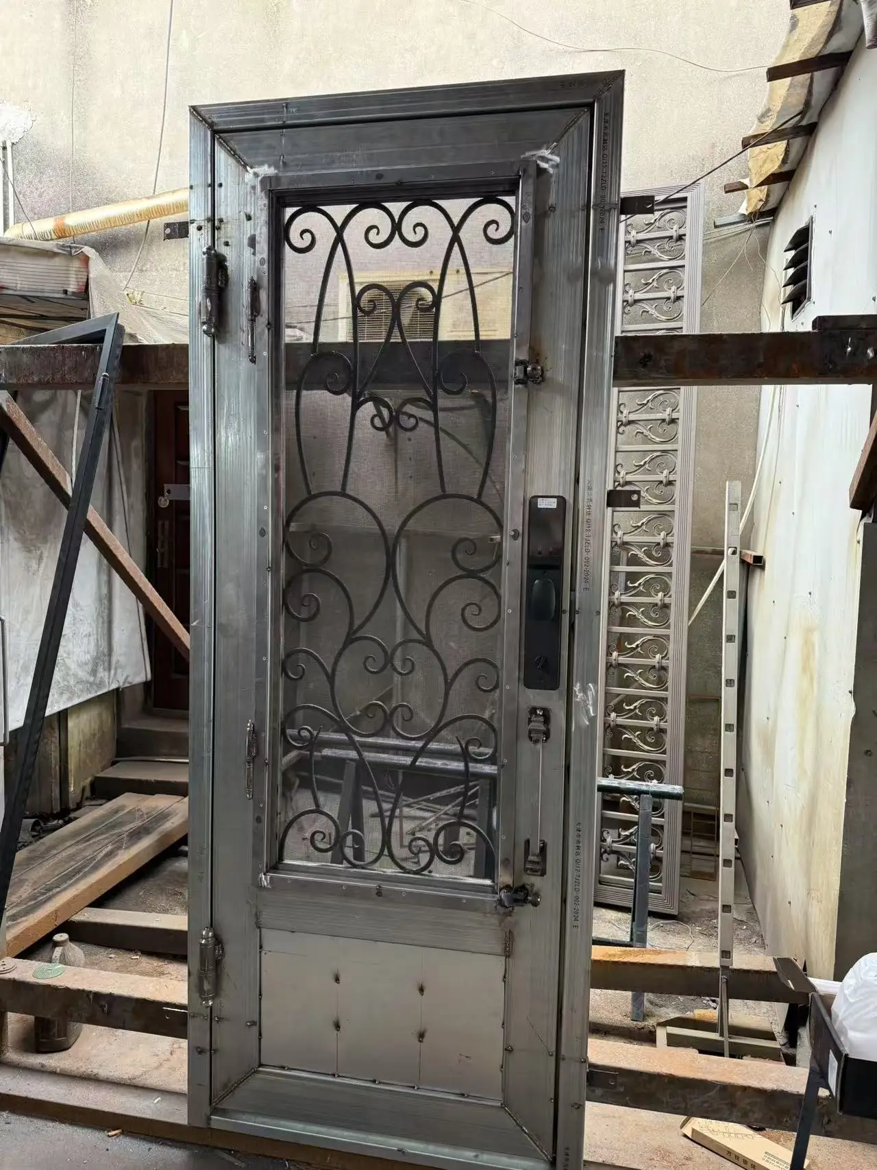 Fancy 8'x10' Wrought Iron Double Front Door with Side Lites and Screen Door