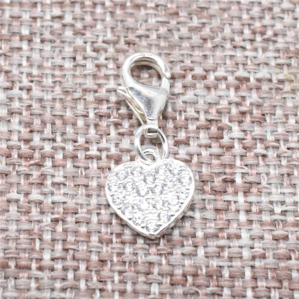 Sterling Silver Heart Clip On Charm CZ 925 Silver Love Small Pendant w/ Lobster Clasp