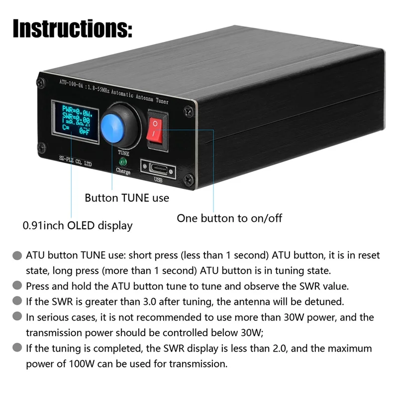 

AT19-ATU-100-0A 1.8-55Mhz Mini Automatic Antenna Tuner Aluminum Alloy Outcase 0.91Inch OLED Display 1500Mah Battery