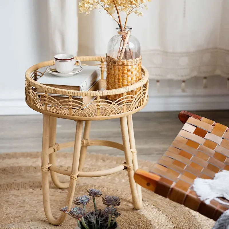 Hand-woven Rattan Side Table Bed Table Living Room Balcony Bedroom Furniture French Pastoral Style