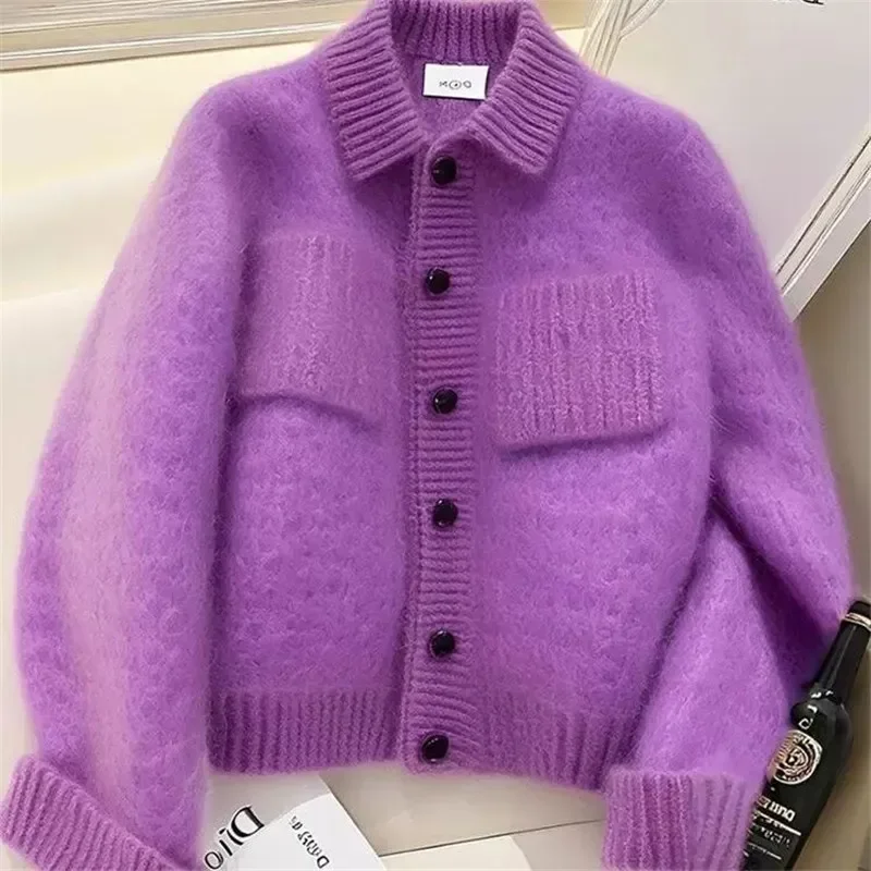 

Fashion Purple Soft Womens Cardigan Autumn Small Fragrance Polo Collar Wool Sweater Women Pocket Mohair Knitwear