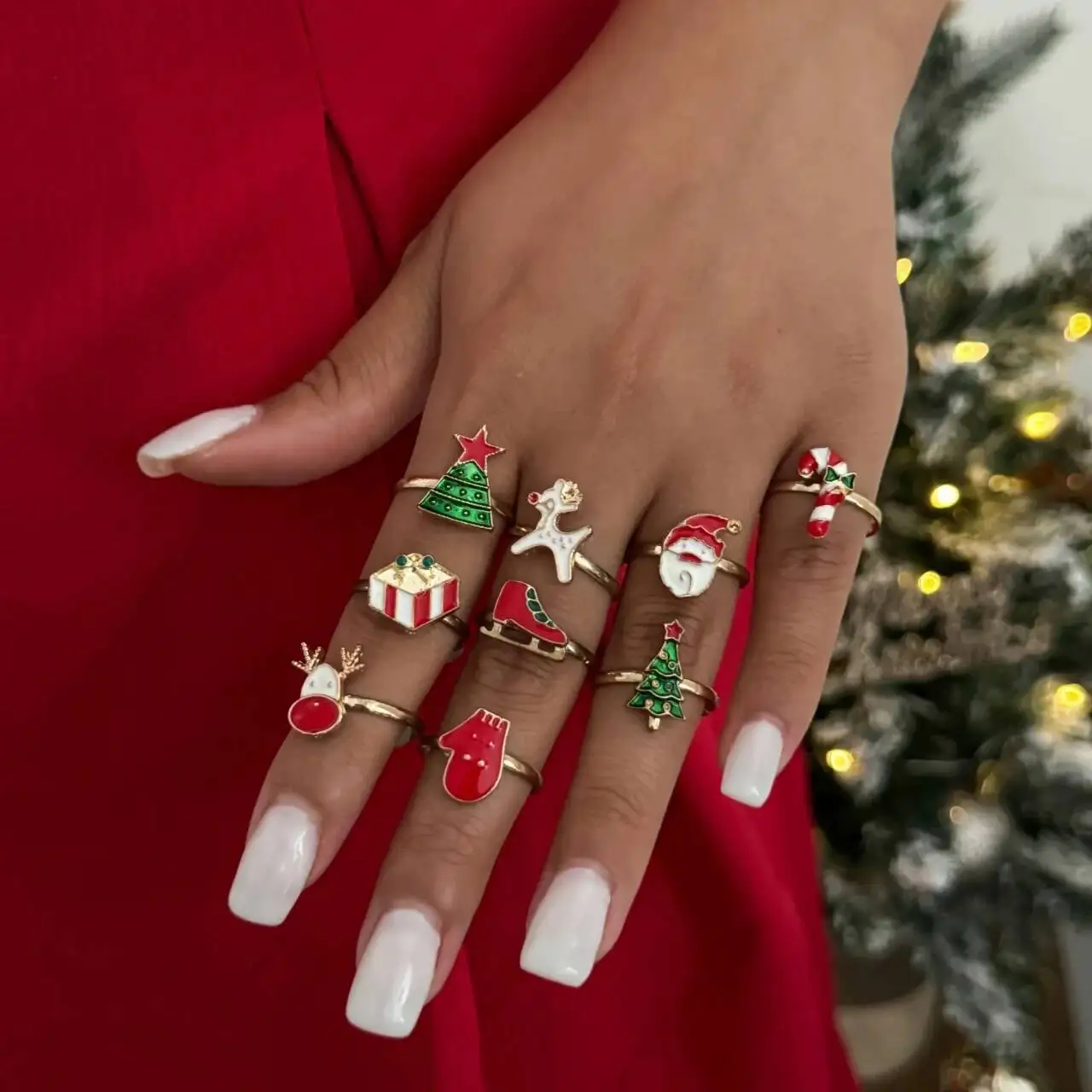 SHIXIN 9pcs/set Cute Christmas Tree Adjustable Rings Women Trendy Santa Claus Elk Gold Color Knuckle Rings Set Christmas Gifts