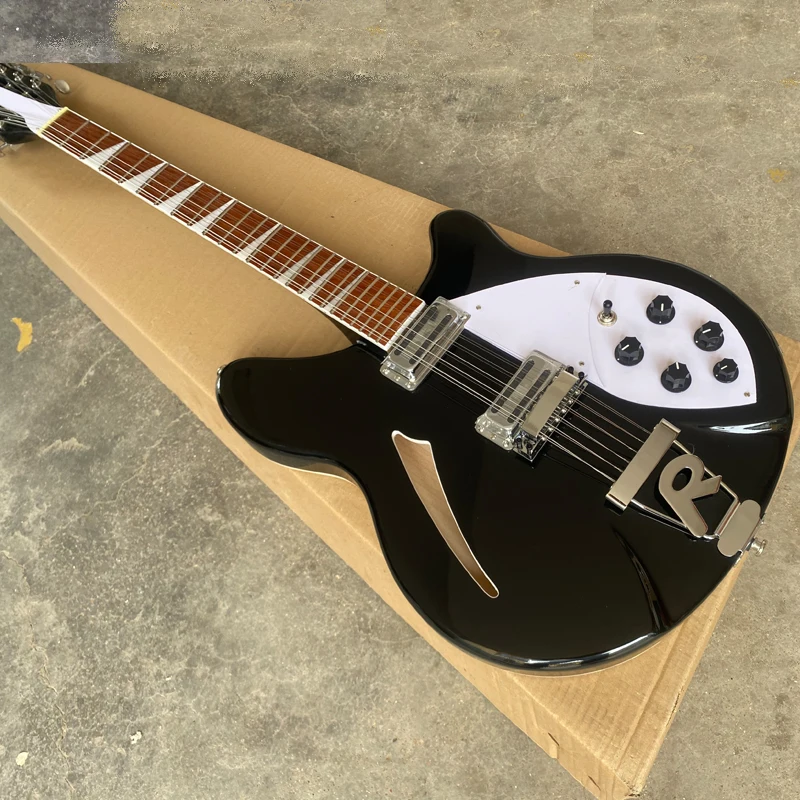 12 String Semi Hollow Body Electric Guitar Black Color, R Shaped Tailpiece, Rosewood Fingerboard, High Quality Guitarra