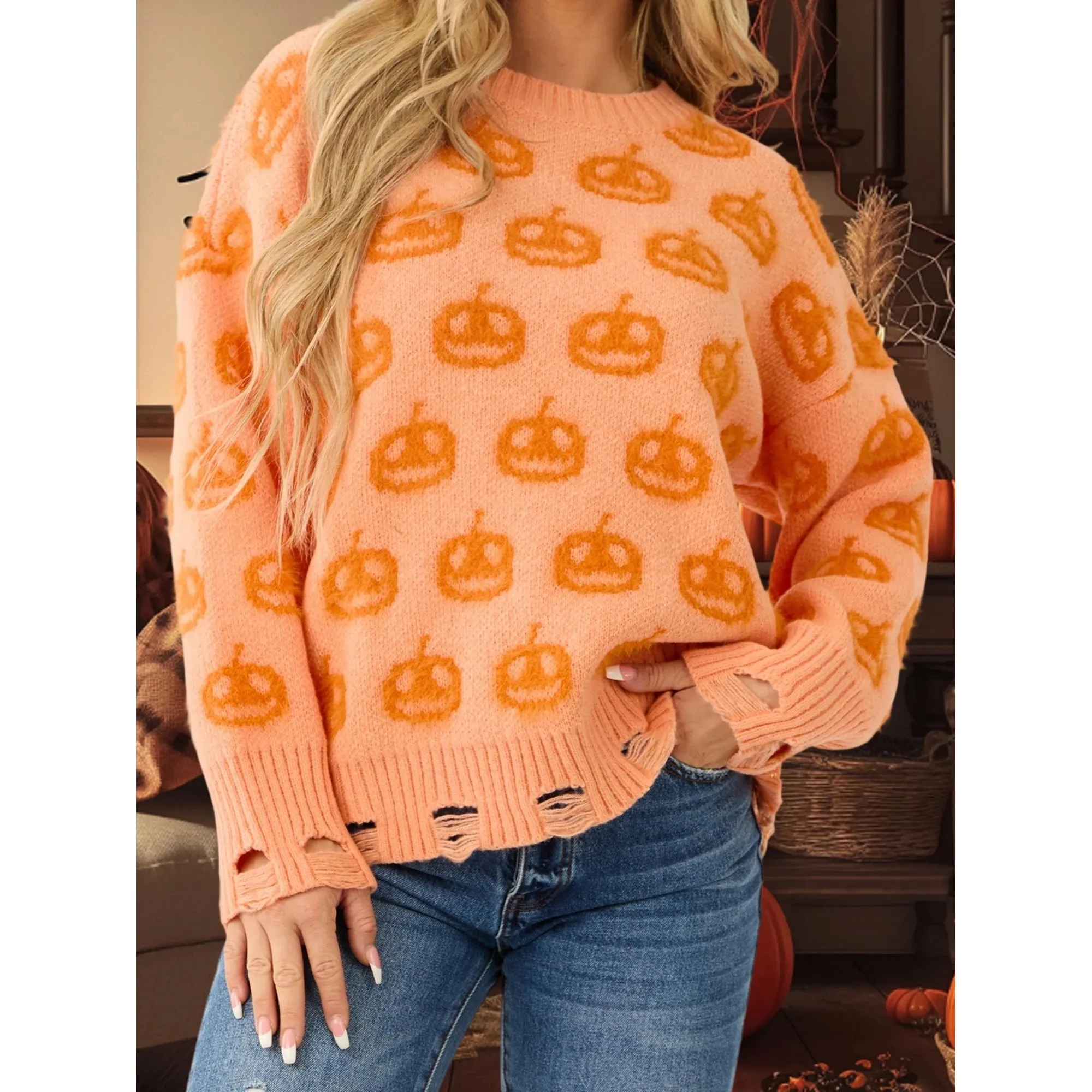 

Women's loween Oversized Sweater Ghost Pattern Long Sve 00% Other Material Autumn Faion Ladies Knitwear