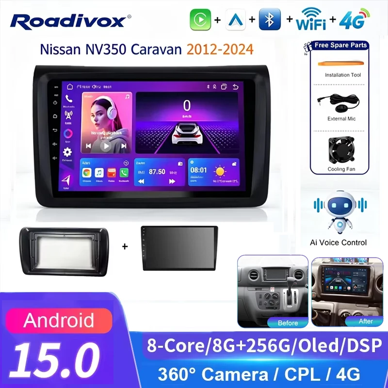 roadivox Android AI VOICE  car radio stereo GPS Navigation video for Nissan NV350 Caravan 2012 2024 Multimedia Player tape