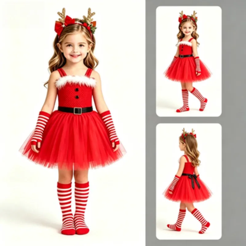 Children's Christmas themed tulle tutu dress with three accessories,  girls' festive costume and Christmas dress-up outfit