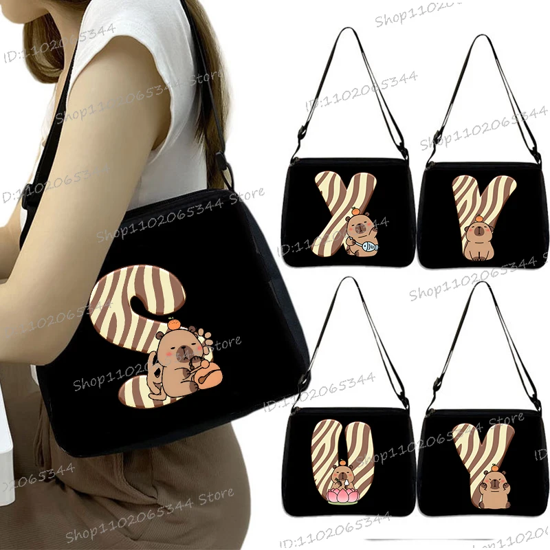 

2025 New Capybara Alphabet Fashion Handbags Cartoon Black Shoulder Underarm Bag Casual Female Capybara Letter A-Z Handbag