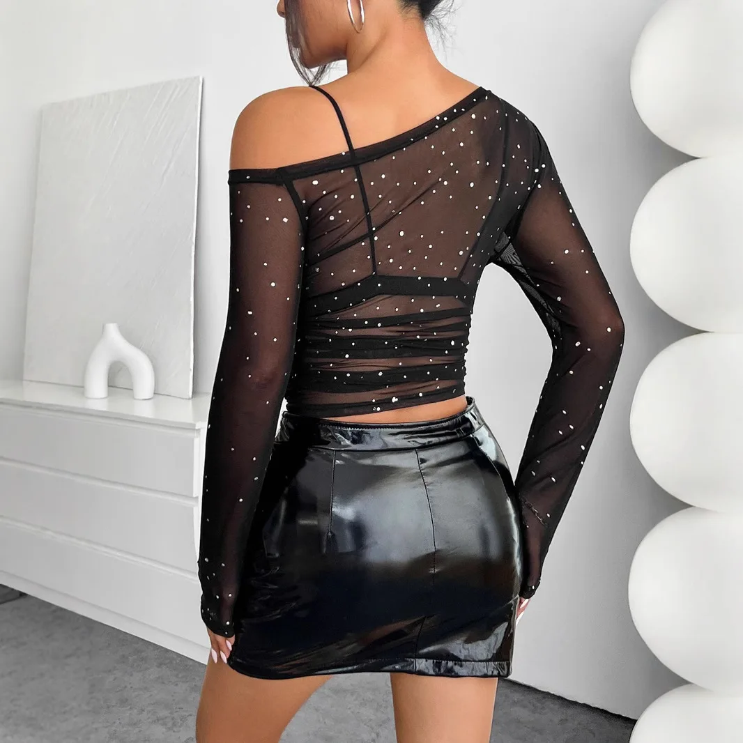 Women's Asymmetrical Neck Sheer Mesh Sequin Top Slim Fit Elegant Clubwear Long Sleeve Drawstring Waist Cropped Versatile T-shirt