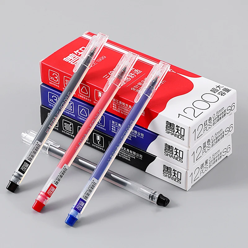 

12PCS Black ,Red, Blue color Large-Capacity Triangle Grip Study Pen, Neutral Ink Ballpoint Pen，Needle Tip 0.5mm Gel Pen