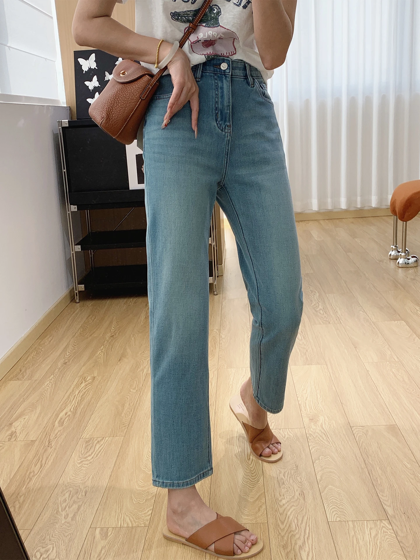 

High Waist Straight Leg Jeans Women's Spring Summer Thin Version Super Slimming Capri Pants Four-Way Stretch Lyocell Denim