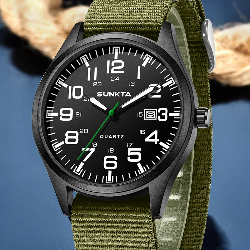 

Sunkta спортивные кварцевые мужские часы в стиле ретро, повседневные модные нейлоновые ремешки, водонепроницаемые светящиеся часы с автоматической датой, мужские часы Reloj Hombre