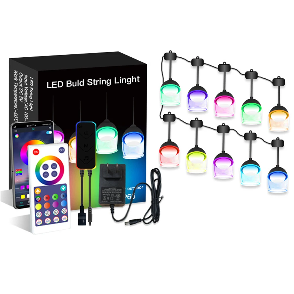 10m/12.5m LED Outdoor Light String RGB Bluetooth Music Light String APP Remote Control Hanging Patio Lamp for Home Party Decor