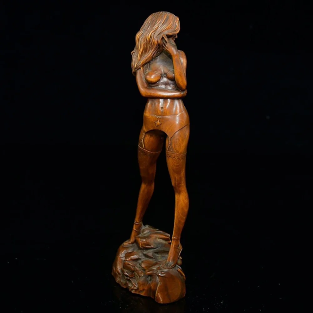 Hand Carved Boxwood Figurine Carving People Sculpture : Beauty Pretty Girl (18X6X4 CM )
