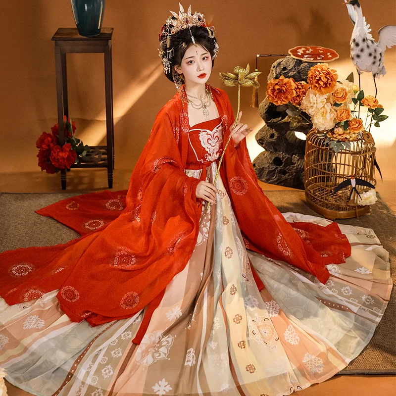 ChinaTang Dynasty Ancient Costume Chinese Hanfu Dress Women Red Clothing Fairy Heavy Work Embroidery Dancewear Cosplay Plus Size