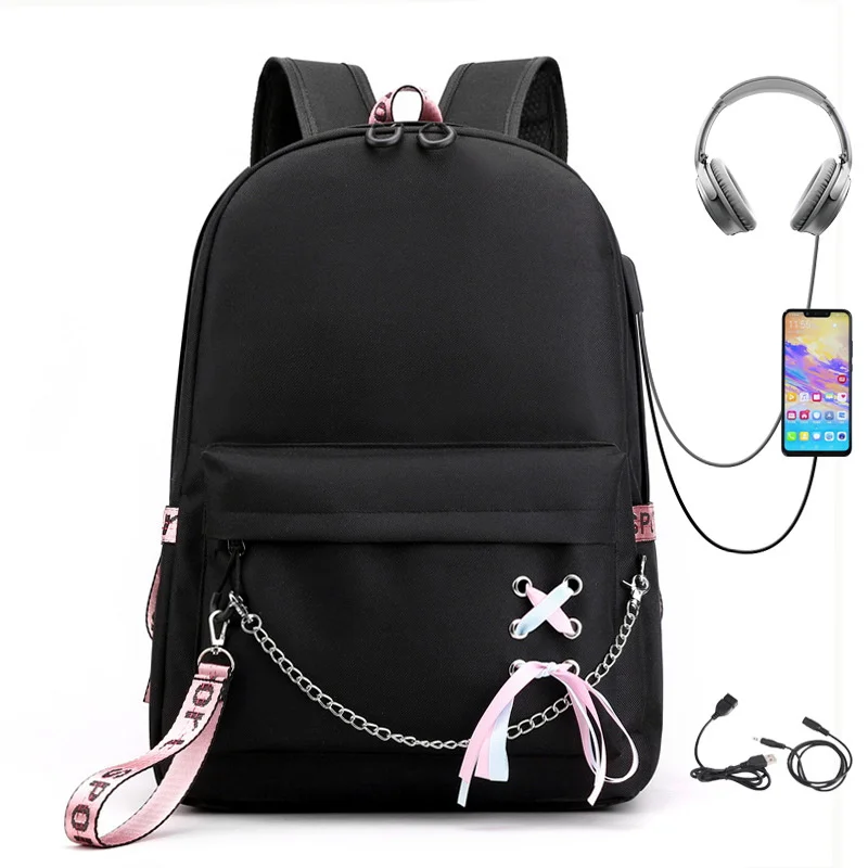College Student Fashion Travel Backpack With USB Charging Port Teenager Laptop School Bag Black Casual Backpack