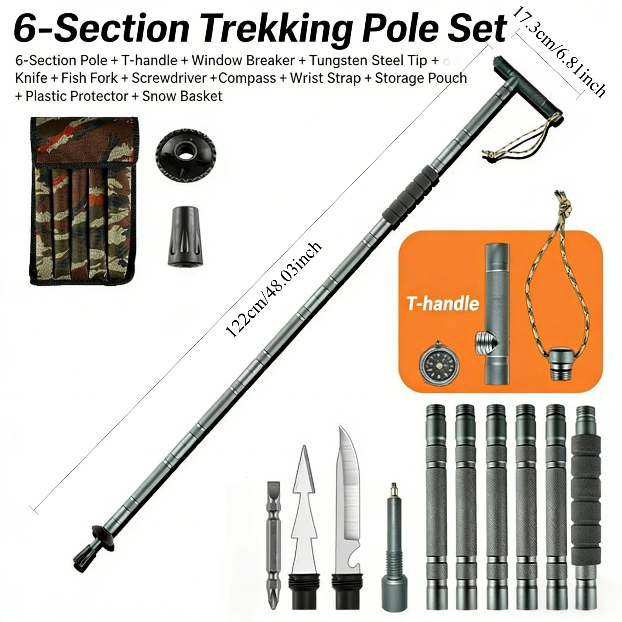 Opvouwbare trekkingstok, zware aluminiumlegering, antislip T-handvat, multifunctionele wandel- en trekkingstok voor kamperen