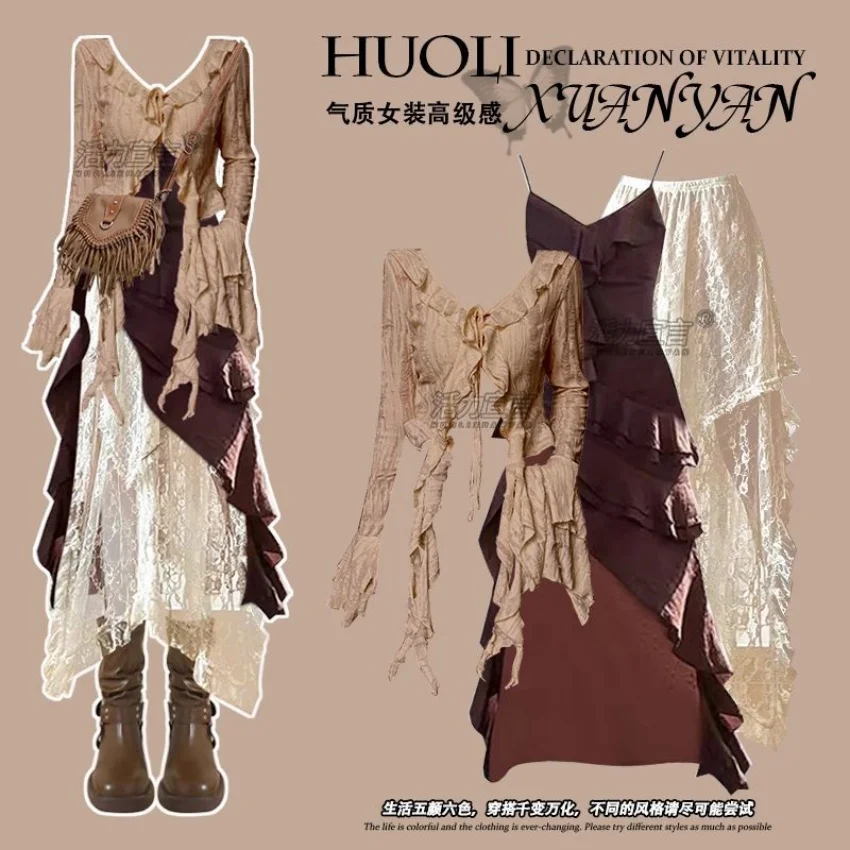 秋の新作イレギュラーなスリムフィットトップス、ラッフルエッジサスペンダードレス、透かし彫りハーフスカートの3点セット、エレガントなレディーススカート