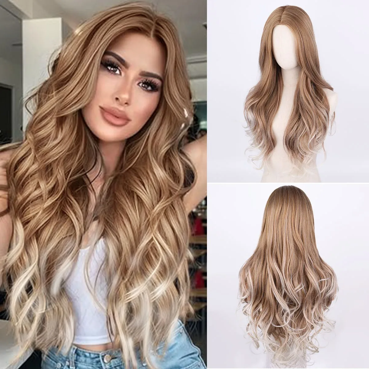 

European and American direct sales women's wig brown and gold mixed color medium bangs long curly hair high temperature silk ful