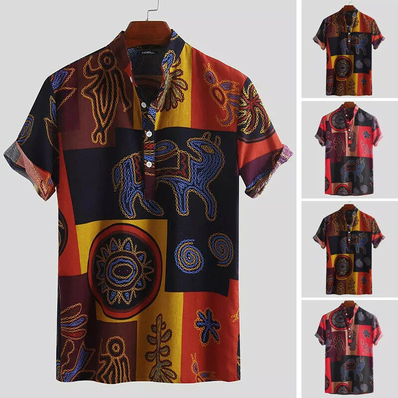 Summer Ethnic Style Oracle Bone Print Cotton Stand-up Collar Men's Casual Trend Shirt Loose Short Sleeves